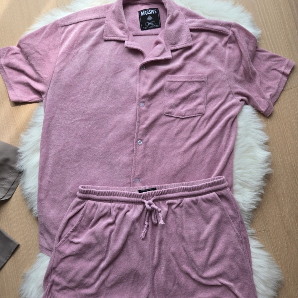 Pink Terry Cloth Shirt and Shorts Set